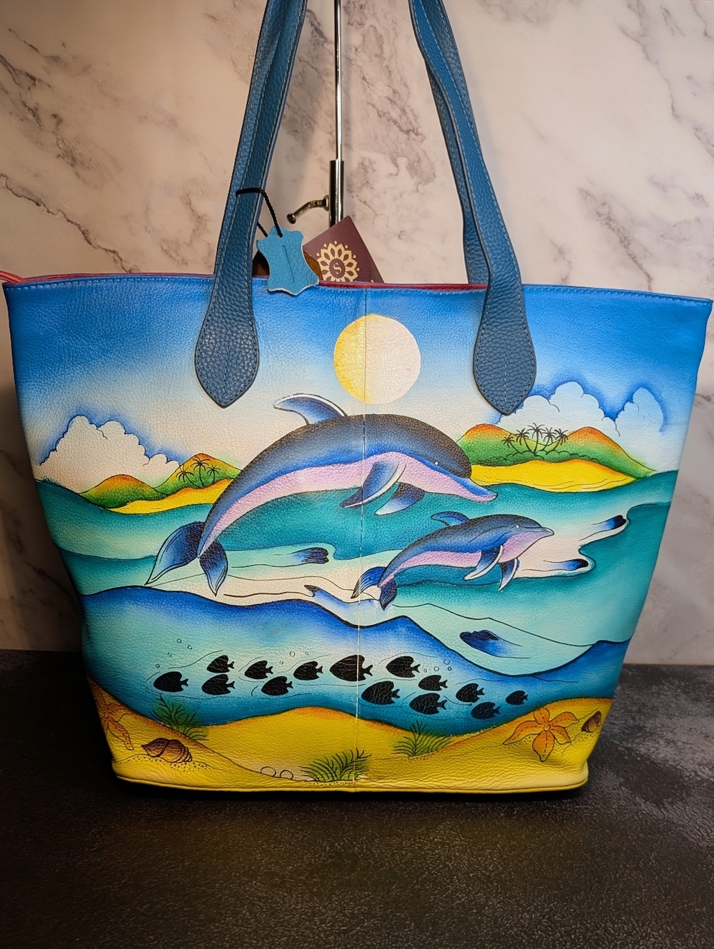 Sukriti Hand-Painted Leather Dolphin Tote Bag-17" x 12"